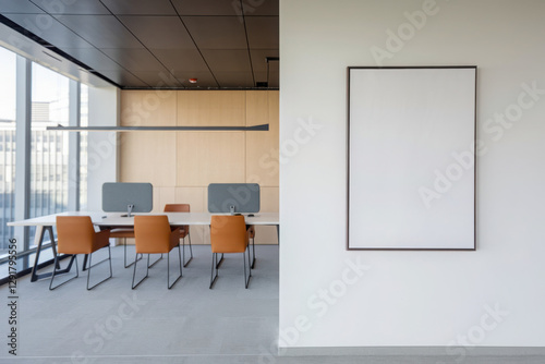 Modern open space office interior with orange chairs and computers on desks, wooden wall background, blank poster on white wall. Concept of business and coworking. 3D Rendering 