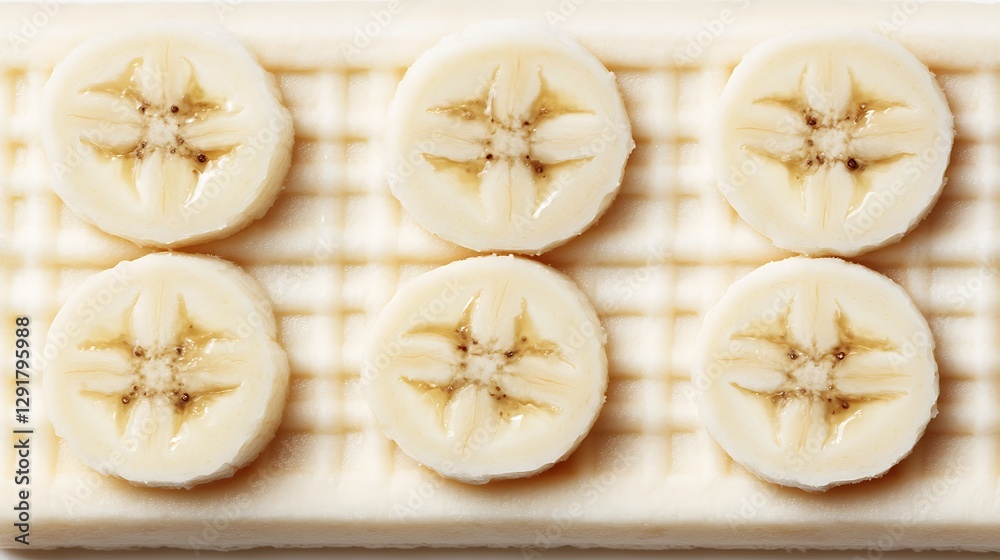 Banana slices arranged on a white, textured surface with blurred background, for food photography Banana slices arranged on a white, textured surface with blurred background, for food photography