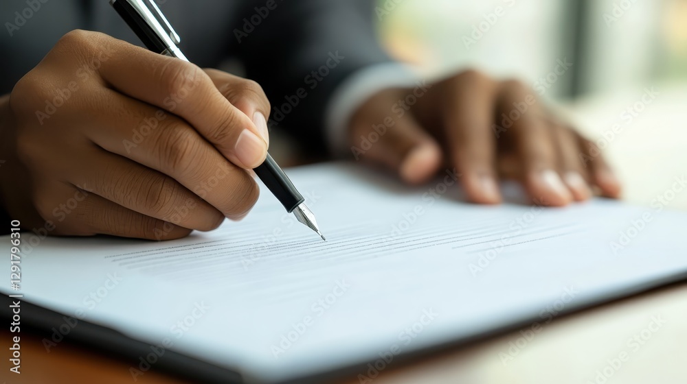 A person is diligently writing on an important document while seated at a desk in a professional office environment during daylight hours A person is diligently writing on an important document while seated at a desk in a professional office environment during daylight hours