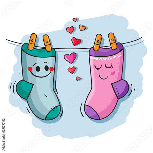 Two socks in love are hanging on a rope with clothespins. Vector illustration for postcards and greetings. Print for fabric and clothing.