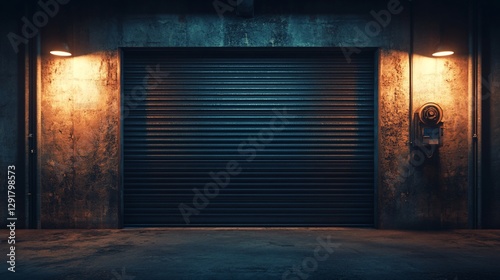 Urban garage door at night, industrial backdrop, illuminated by streetlamps