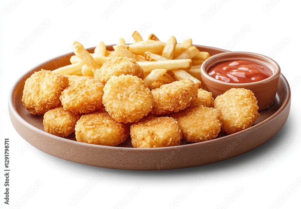 Crispy Chicken Nuggets Served with Golden French Fries and Tangy Ketchup on a Round Clay Plate for Delicious Fast Food Delight Crispy Chicken Nuggets Served with Golden French Fries and Tangy Ketchup on a Round Clay Plate for Delicious Fast Food Delight