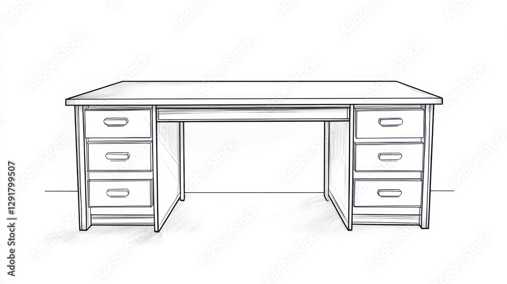 Line drawing of a simple office desk Line drawing of a simple office desk