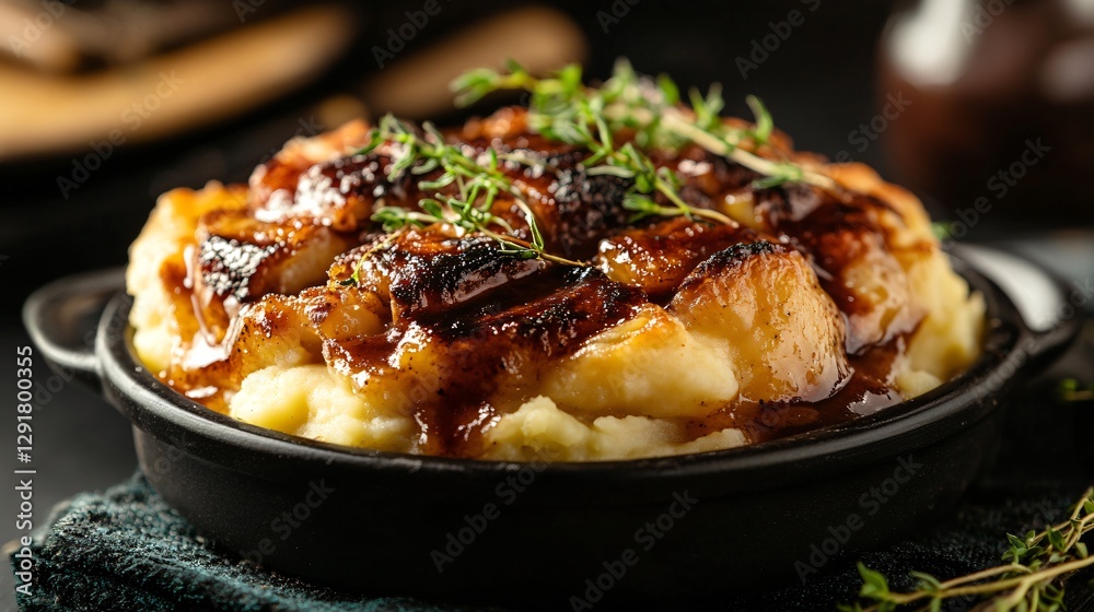 Charred, caramelized crust pie served with smoky mashed potatoes, plated on a matte black ceramic dish with rustic lighting Charred, caramelized crust pie served with smoky mashed potatoes, plated on a matte black ceramic dish with rustic lighting