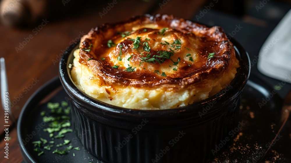 Charred, caramelized crust pie served with smoky mashed potatoes, plated on a matte black ceramic dish with rustic lighting Charred, caramelized crust pie served with smoky mashed potatoes, plated on a matte black ceramic dish with rustic lighting