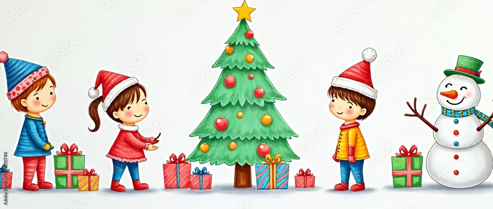 Fototapeta premium Children drawing with colored pencils - Christmas tree, gifts, snowman and children in festive hats
