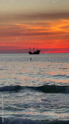 Sailboat or Sail yacht on the horizon. Cruise or sunset tour. Summer vacations on ocean, Gulf of America or Mexico. Yachting sport. Beautiful seascape. Red sky after sunset. Clearwater Beach Florida