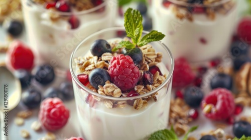 Smooth yogurt with probiotics in a white creamy background, fresh and healthy.