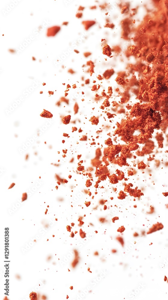 7. Red paprika powder particles floating mid-air, isolated on a white background with clean edges 7. Red paprika powder particles floating mid-air, isolated on a white background with clean edges
