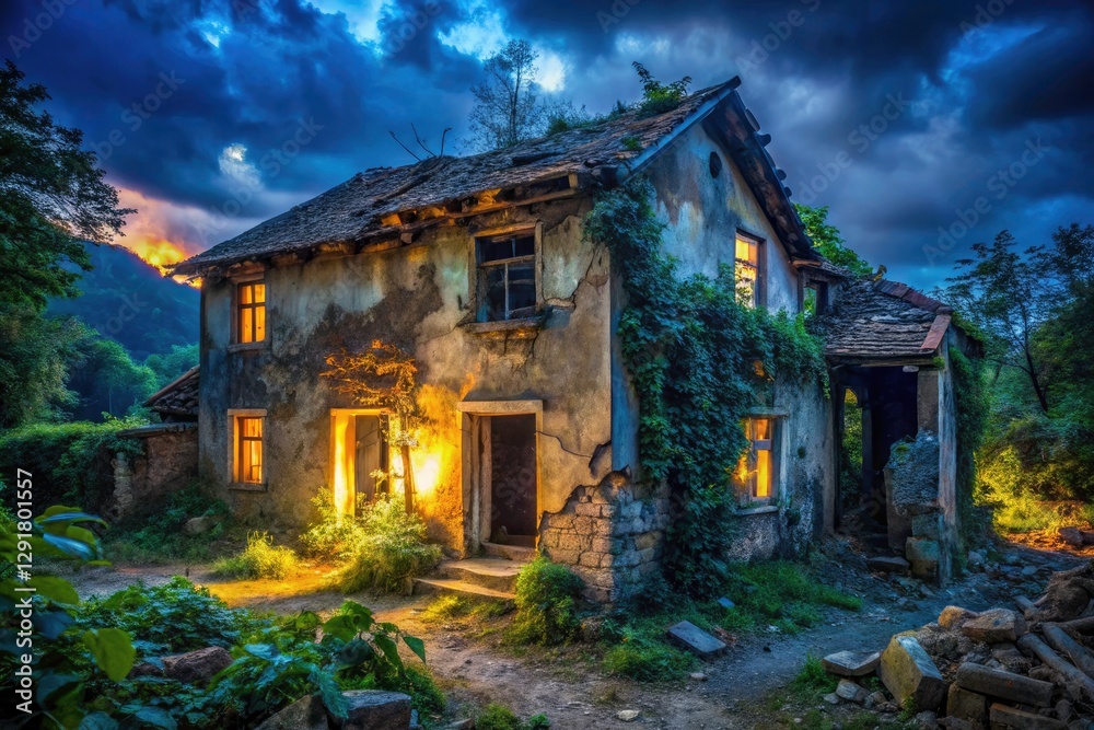 Obraz premium War's shadow lingers; a village crumbles, poverty etched on ravaged faces. Economic ruin unfolds in nightfall's gloom.