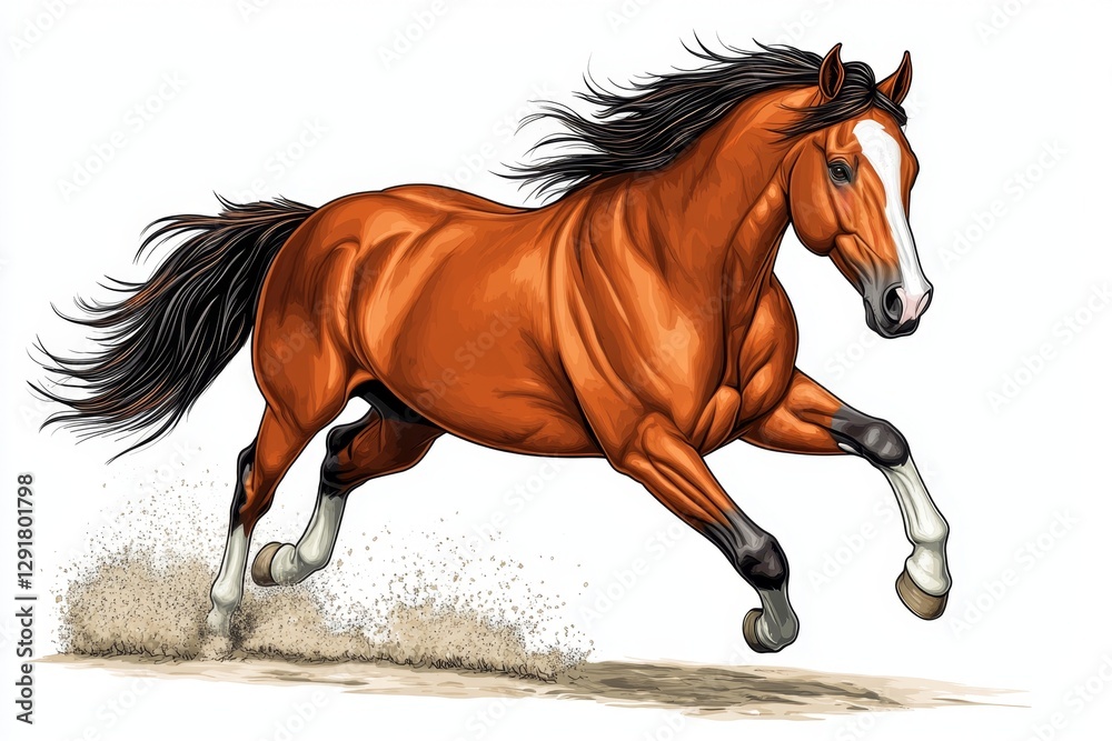 Obraz premium a 2D cartoon illustration of a horse galloping in a field, strong and free, white background