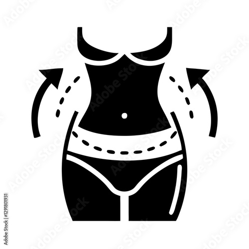 Body transformation icon, female silhouette focusing on waist and hips, monochrome style, with copy space
