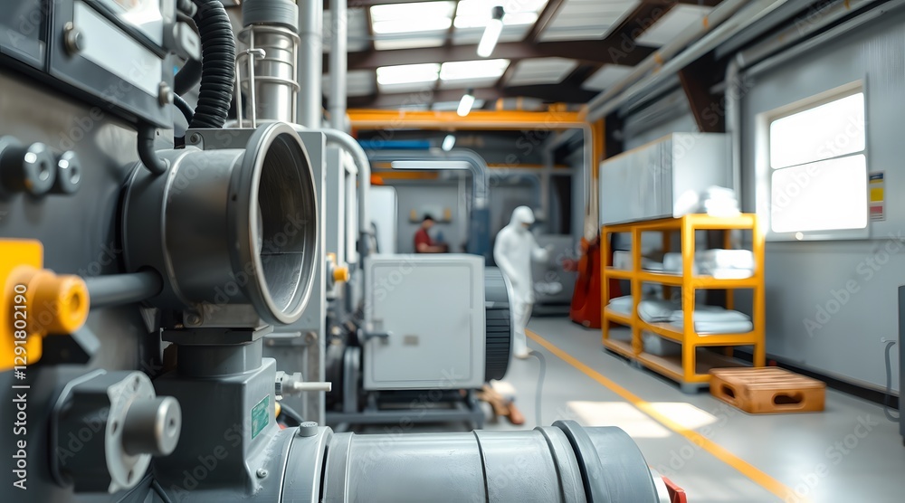 The image captures the interior of an industrial facility, showcasing machinery and workers engaged in a manufacturing process, highlighting the complexity of modern engineering and production. The image captures the interior of an industrial facility, showcasing machinery and workers engaged in a manufacturing process, highlighting the complexity of modern engineering and production.