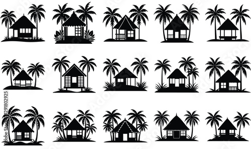 A beach hut with tropical plants silhouette icon