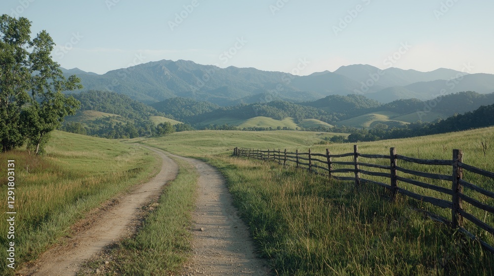 Naklejka premium Country Road Winding Through Lush Valley at Dawn