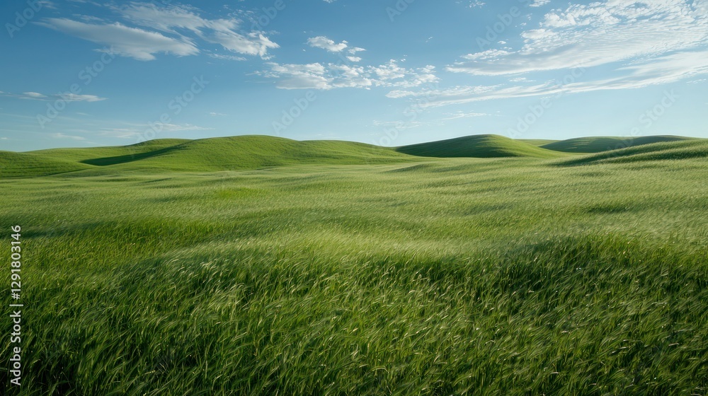 A vast, green grassy field under a bright blue sky, gently swaying in the wind A vast, green grassy field under a bright blue sky, gently swaying in the wind