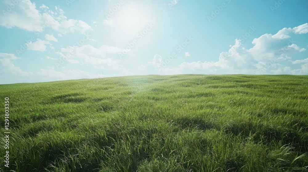 Fototapeta premium A vast, green grassy field under a bright blue sky, gently swaying in the wind