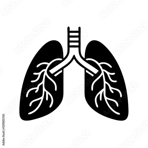 Breathing flow icon, human lungs with bronchi and trachea, monochrome style, with copy space
