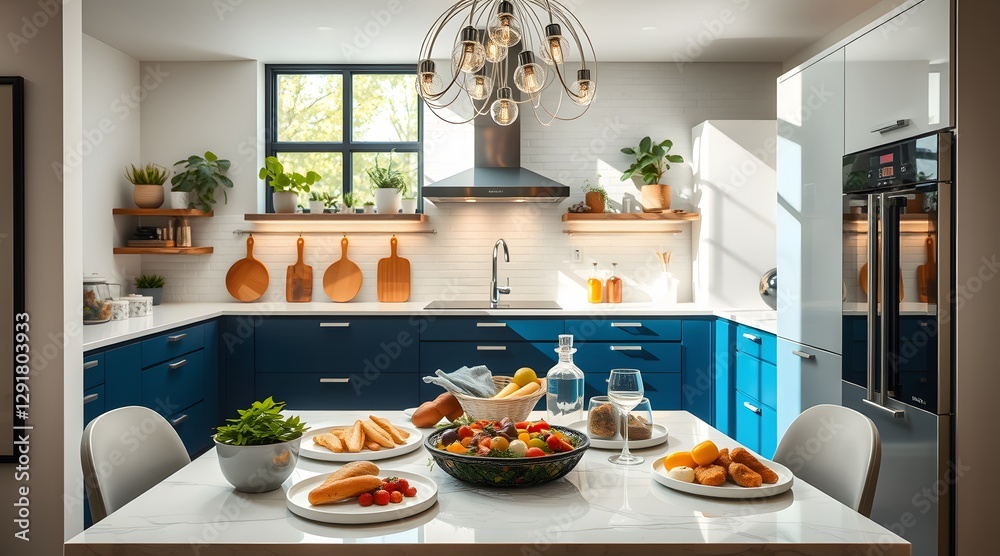 The image showcases a modern kitchen with blue cabinets and a beautifully set dining table filled with delicious food, creating a warm and inviting atmosphere for gatherings. The image showcases a modern kitchen with blue cabinets and a beautifully set dining table filled with delicious food, creating a warm and inviting atmosphere for gatherings.