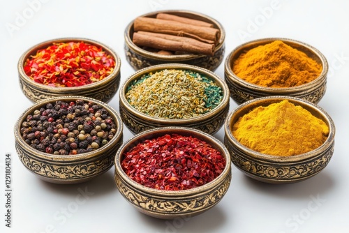 Fototapeta Naklejka Na Ścianę i Meble -  A set of small, ornate bowls filled with a variety of colorful spices such as saffron, turmeric, cinnamon, and crushed chili flakes.