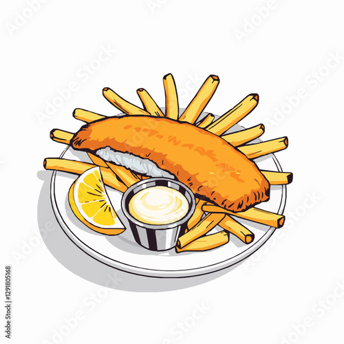 crispy fish and chips served with tartar sauce and lemon wedges vector illustration