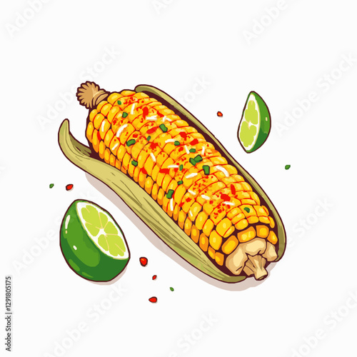 corn Mexican street spicy lime cheese chili powder grilled delicious gourmet authentic vector illustration