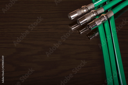 Bunch of blue coaxial cables with connectors