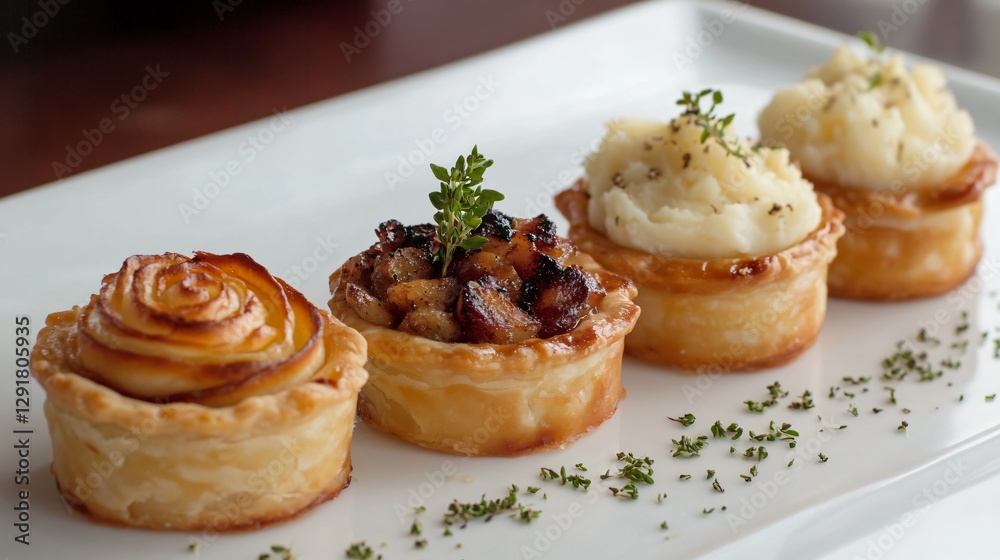 Miniature pie trio with different gourmet fillings, served with artisanal mashed potatoes piped in a rosette pattern Miniature pie trio with different gourmet fillings, served with artisanal mashed potatoes piped in a rosette pattern