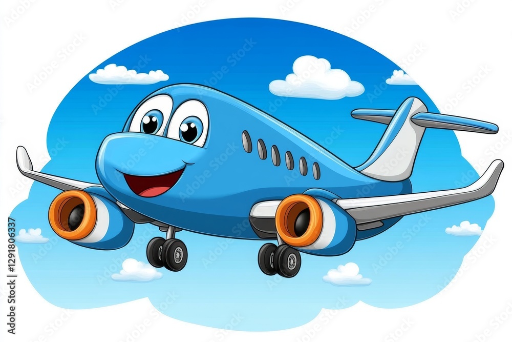 Naklejka premium a 2D cartoon illustration of a toy airplane soaring through the sky, adventurous and playful, white background