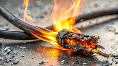Close-up of a burning electrical cable, illustrating the dangers of faulty wiring and fire hazards