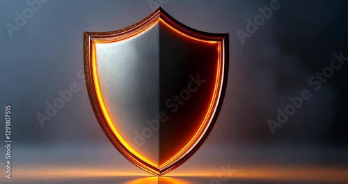 Static shot: A silver shield with a glowing gold border on a dark background. Superb cinematic lighting.