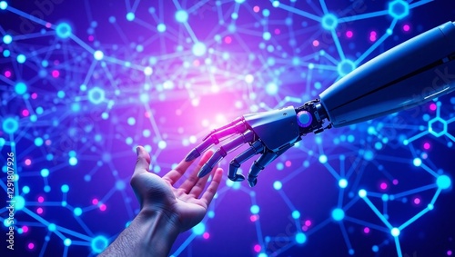 Human and robotic hand touching, AI and human connection, futuristic technology, cyber interaction