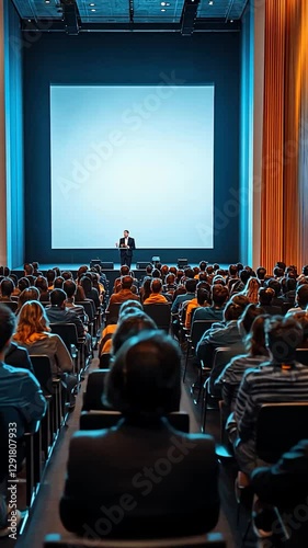 Large auditorium, presentation, speaker, audience