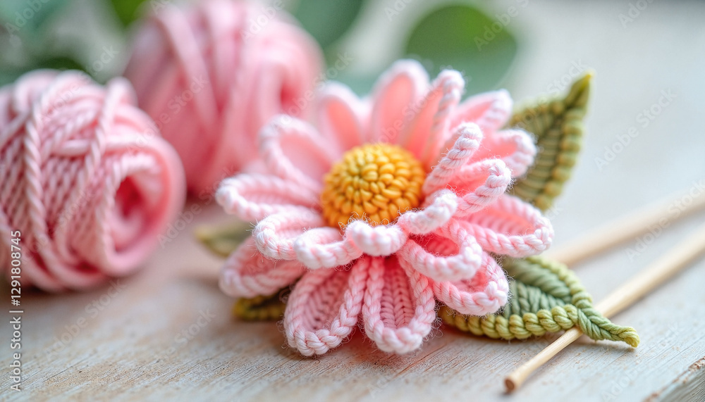 A beautifully knitted pink flower crafted with soft yarn and matching needles on a rustic wooden table amidst a serene botanical setting. Perfect for handmade shops, knitting magazines, craft blogs. A beautifully knitted pink flower crafted with soft yarn and matching needles on a rustic wooden table amidst a serene botanical setting. Perfect for handmade shops, knitting magazines, craft blogs.