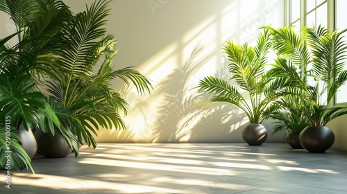 Serene Indoor Oasis  Lush  vibrant green plants in stylish pots cast intricate shadows  illuminated by soft  natural light streaming through a large window.