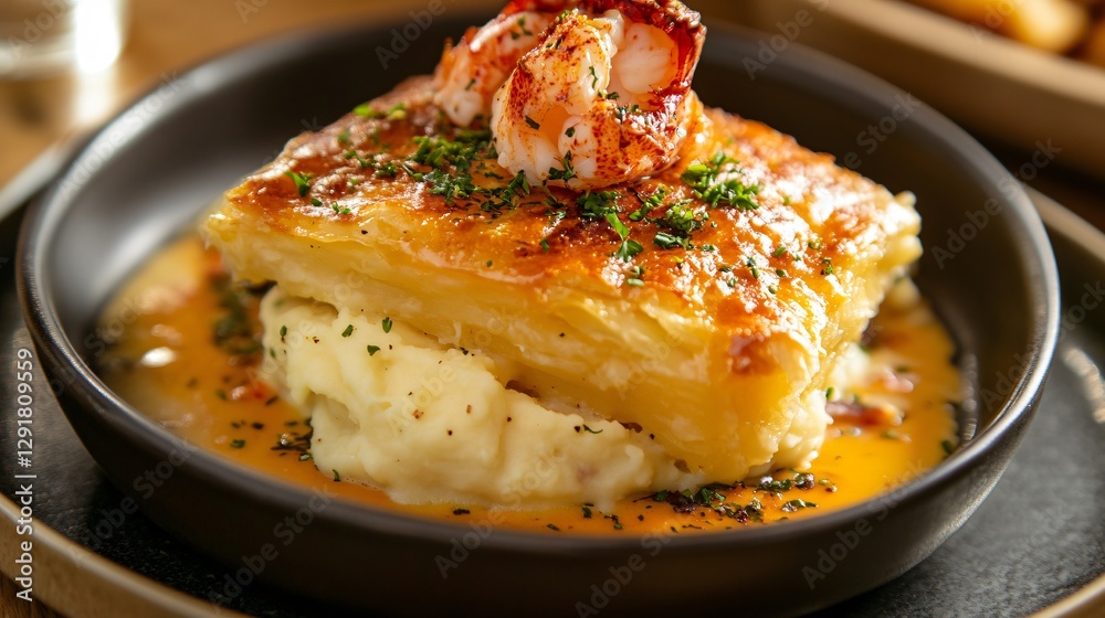 Seafood pie with creamy potato mash, featuring lobster claw garnish and a saffron-infused butter drizzle Seafood pie with creamy potato mash, featuring lobster claw garnish and a saffron-infused butter drizzle
