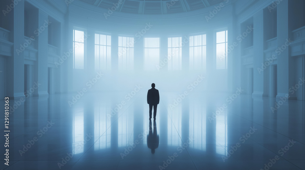 Fototapeta premium solitary figure stands in vast, empty hall with high ceilings and large windows, creating serene and contemplative atmosphere. soft light filters through, casting reflections on polished floor