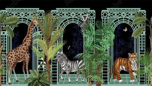 Border with architectural arch, portal, animals and tropic trees. Vector.