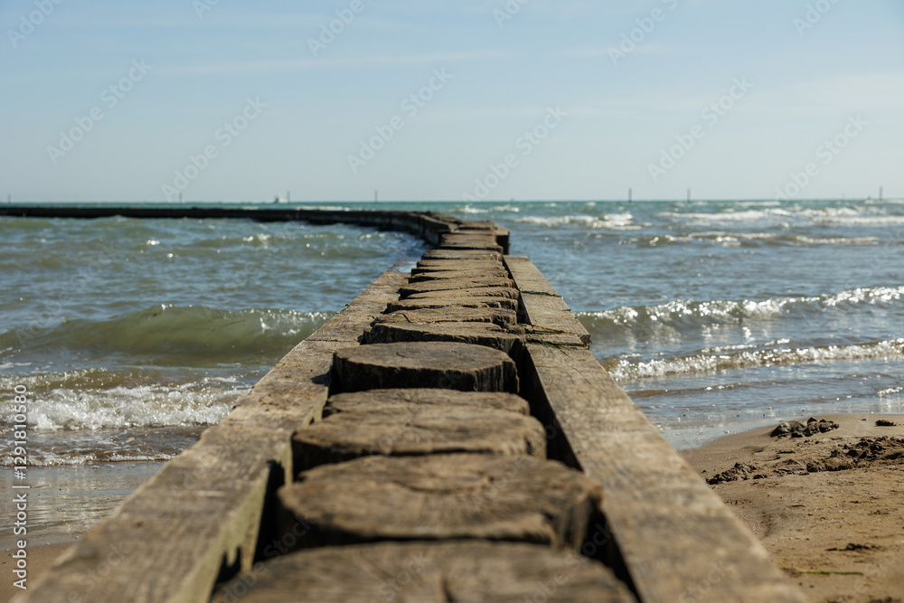 vista panoramica di un lungo frangiflutti in legno, che si estende a distanza in prospettiva, dal bagnasciuga al mare, fin oltre la riva, in un ambiente marino in Italia, di giorno, in estate vista panoramica di un lungo frangiflutti in legno, che si estende a distanza in prospettiva, dal bagnasciuga al mare, fin oltre la riva, in un ambiente marino in Italia, di giorno, in estate