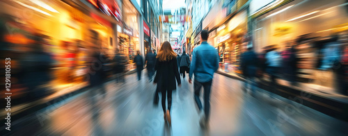 Wallpaper Mural Blurred motion of a couple strolling through a lively shopping street, capturing the energy of retail therapy Torontodigital.ca