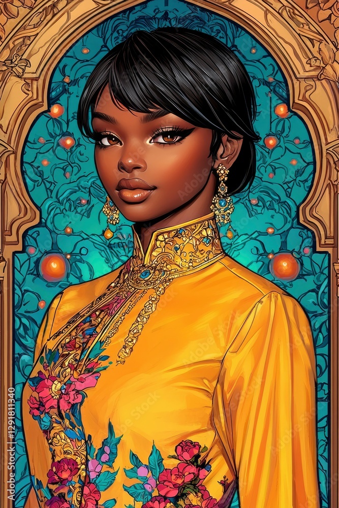 Fototapeta premium Elegant Black Woman in Ornate Gold and Floral Dress, Art Deco Style Portrait