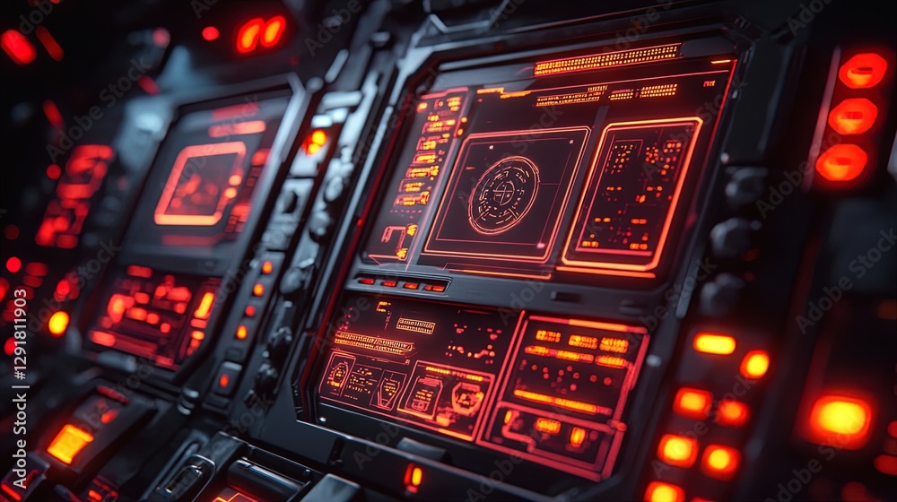 Fototapeta premium Close-up of retrofuturistic gadgets with buttons, dials, and glowing screens 
