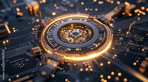 Wallpaper Mural Futuristic circuit board with glowing led lights and central microchip Torontodigital.ca