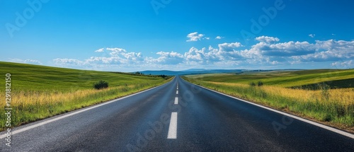 Endless road stretches ahead under a vibrant blue sky, lined by lush fields, symbolizing freedom, exploration, and open possibilities.