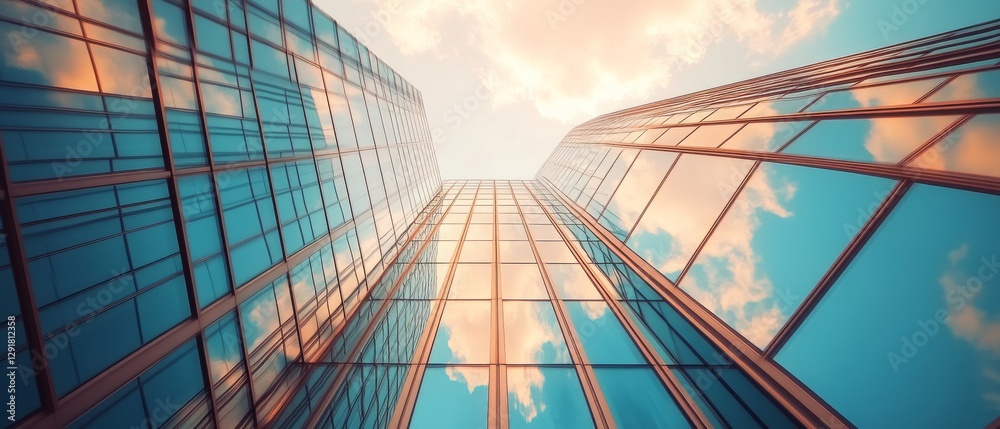 Reflective skyscraper facades mirror a soft, pastel sky, capturing an upward perspective that blends nature's beauty with urban elegance. Reflective skyscraper facades mirror a soft, pastel sky, capturing an upward perspective that blends nature's beauty with urban elegance.