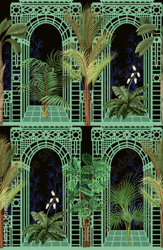 Seamless pattern with architectural arch, portal and tropic trees. Vector.