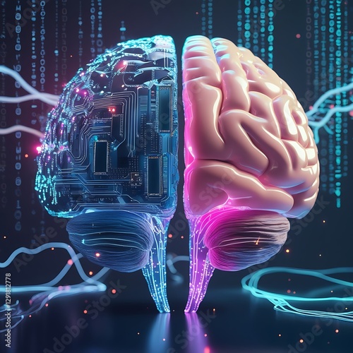 A digital artwork of a human brain divided into two contrasting halves.