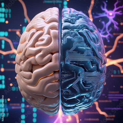 A digital artwork of a human brain divided into two contrasting halves.