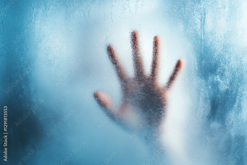 Hand pressing against a foggy glass wall, evoking feelings of mystery and confinement while capturing a moment of isolation and desperation Hand pressing against a foggy glass wall, evoking feelings of mystery and confinement while capturing a moment of isolation and desperation