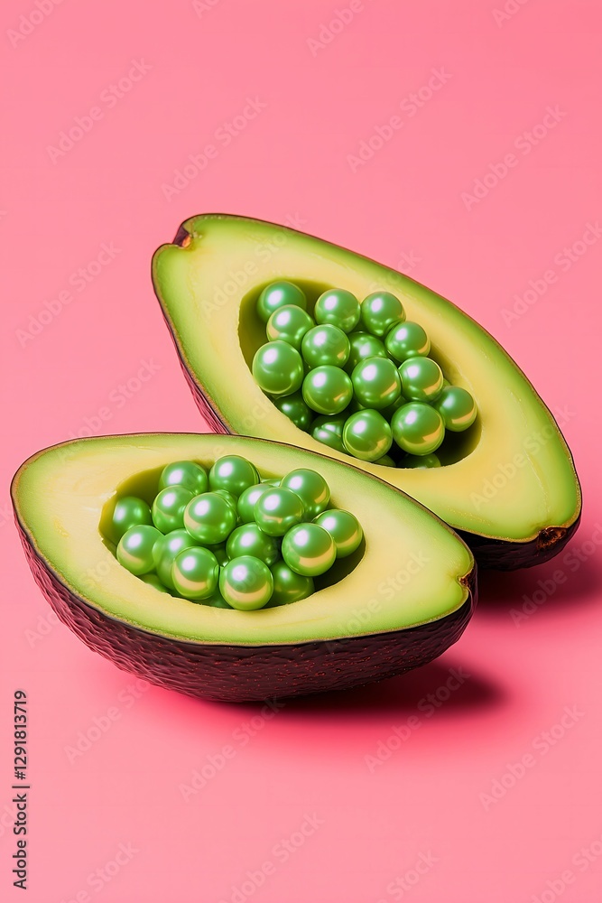 Sliced avocado with soft, green pears inside of it on a bright pink background. Creative, trendy, healthy life concept.